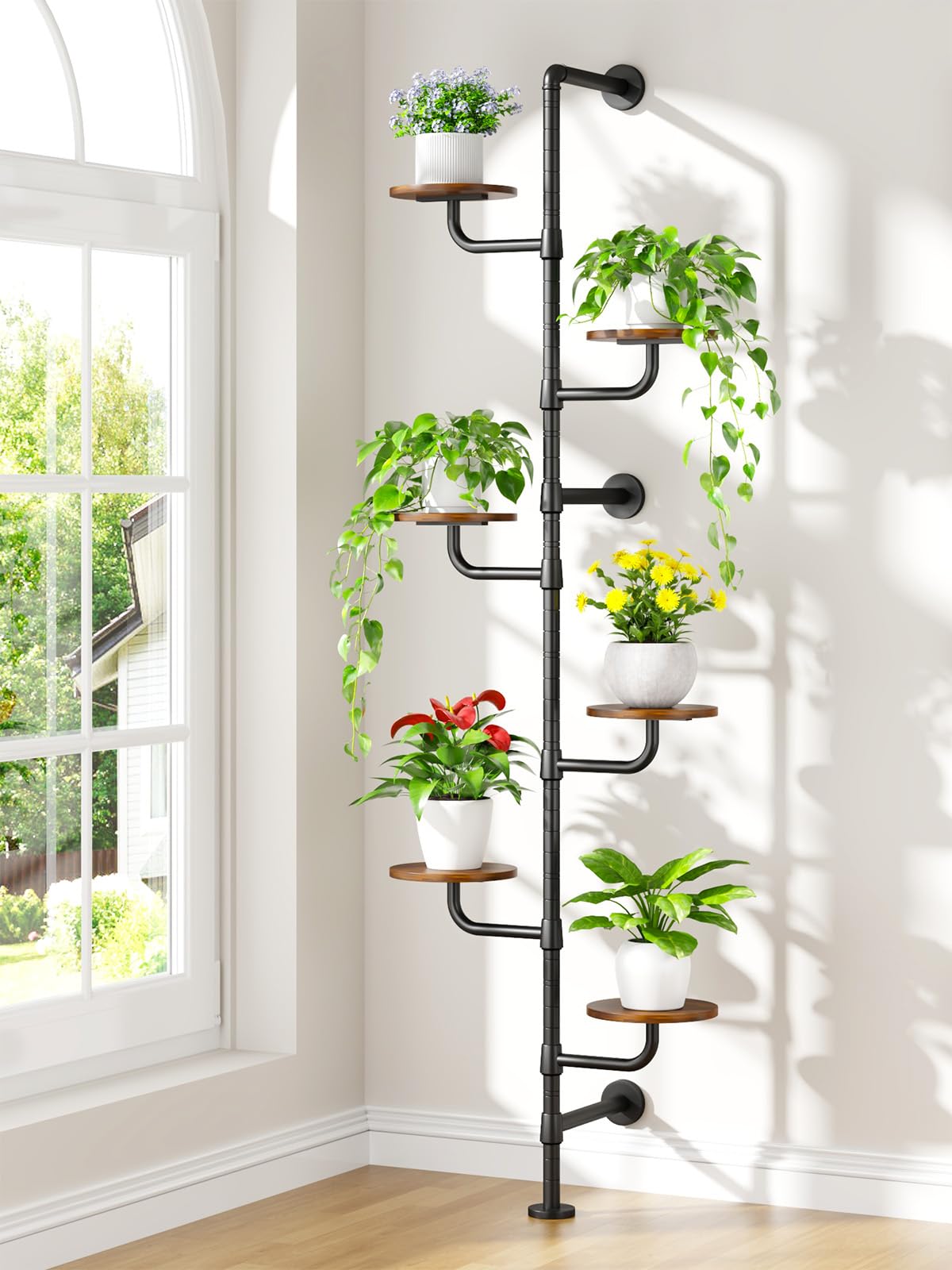 CYXPHION C5 six-tier wooden shelves provide ample space for varied plants.