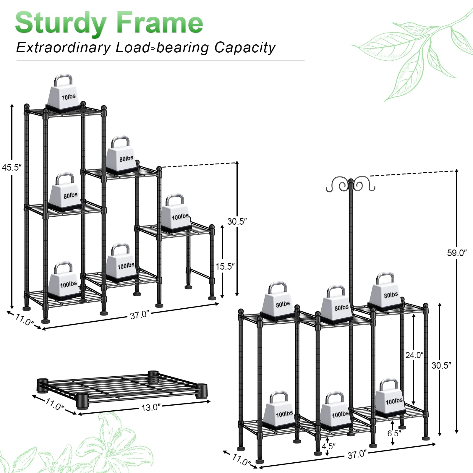 CYXPHION sturdy frame supports heavy plants on multiple shelves.