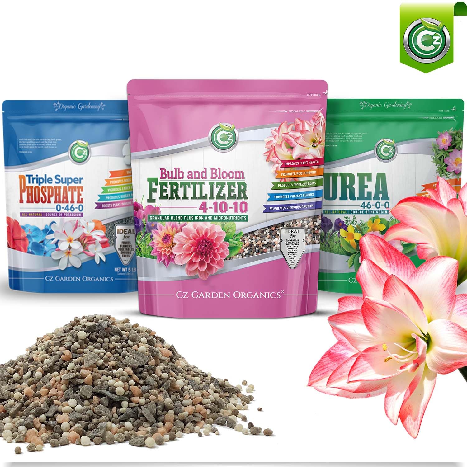 Cz Garden 4-10-10 bulb-bloom fertilizer being poured into soil for a quick nutrient boost