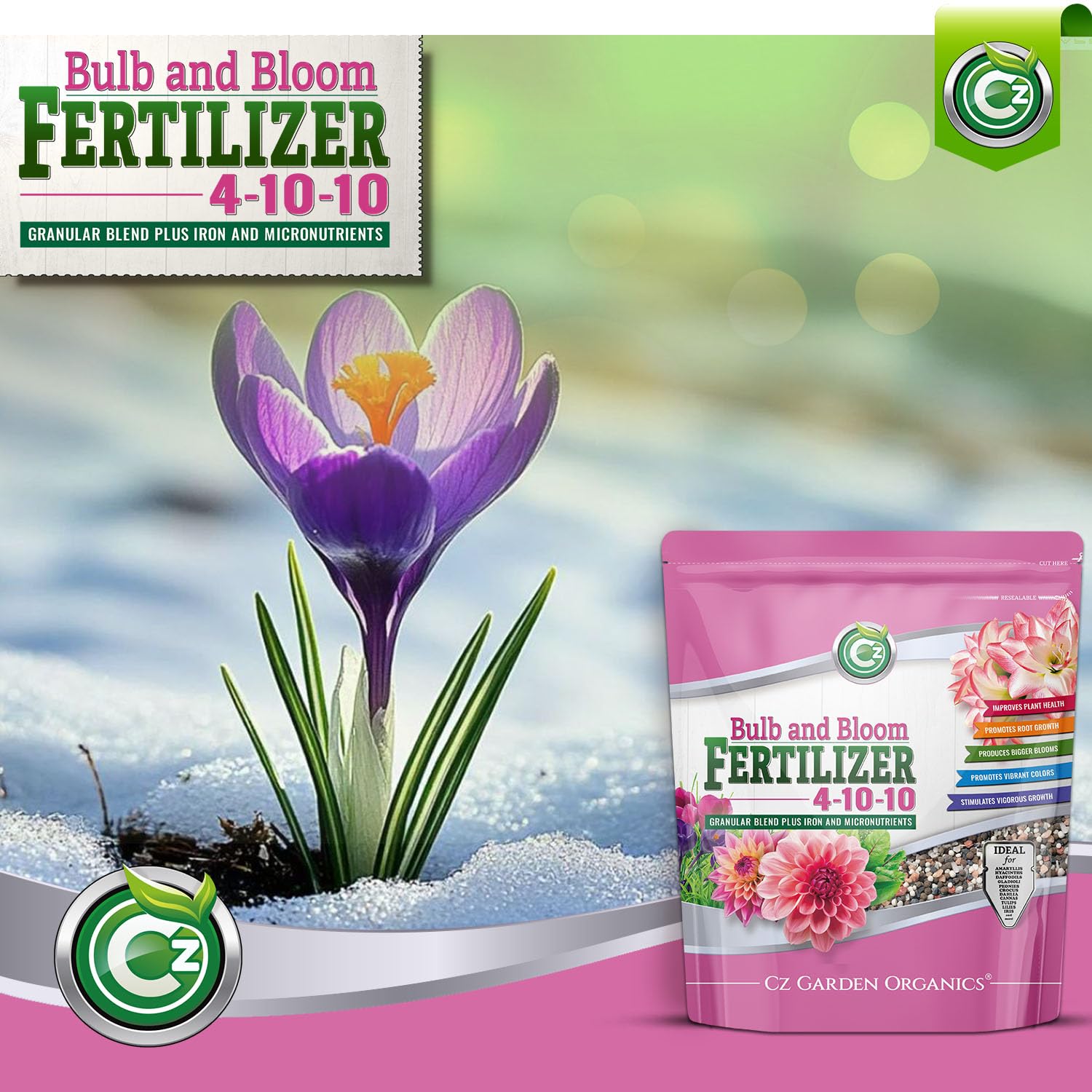 Cz Garden 4-10-10 fertilizer granules on soil surface indicating versatile application