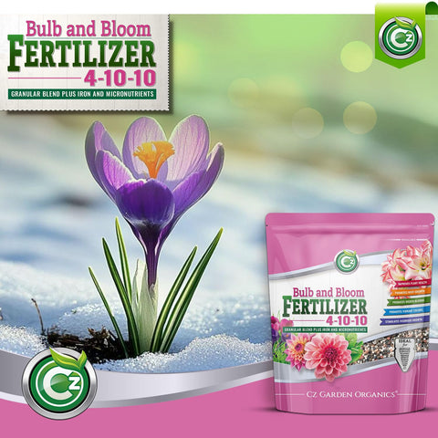 Cz Garden 4-10-10 fertilizer granules on soil surface indicating versatile application