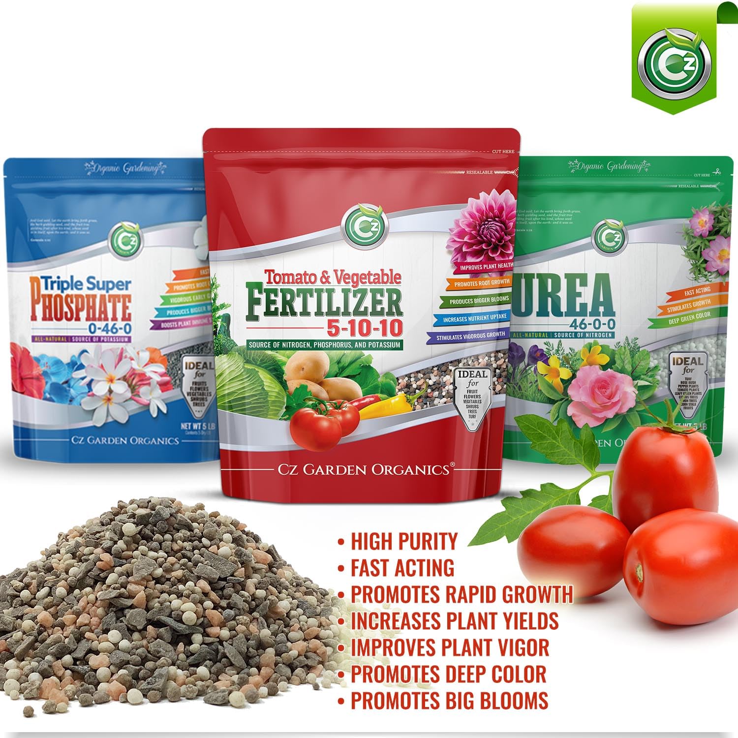 Cz Garden 5-10-10 NPK with micronutrients nourishes vegetables and flowers.