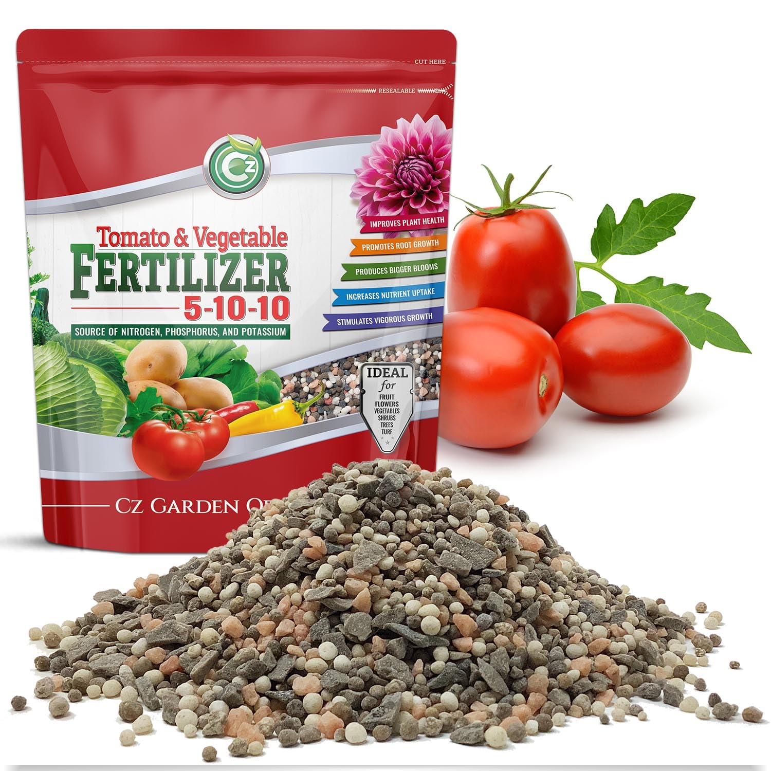 Cz Garden 5-10-10 tomato fertilizer pouch supports healthy fruit set and vibrant plants.