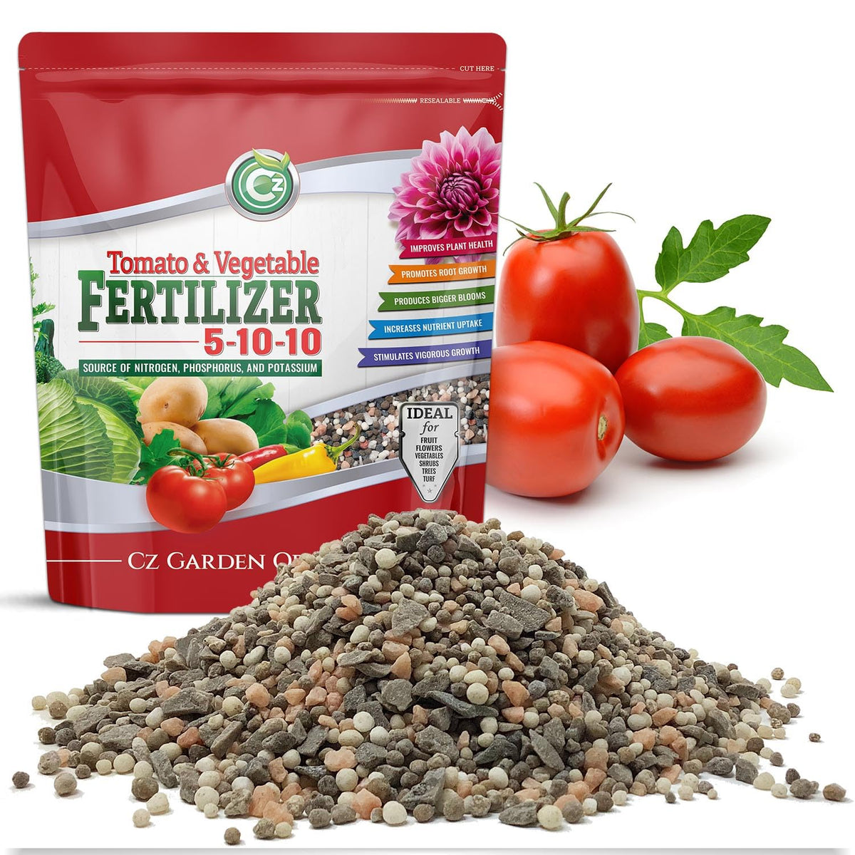 Cz Garden 5-10-10 tomato fertilizer pouch supports healthy fruit set and vibrant plants.