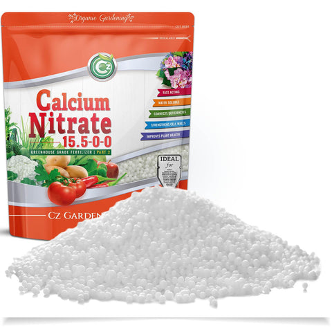 Cz Garden Calcium Nitrate feature list graphic with 15.5-0-0 composition