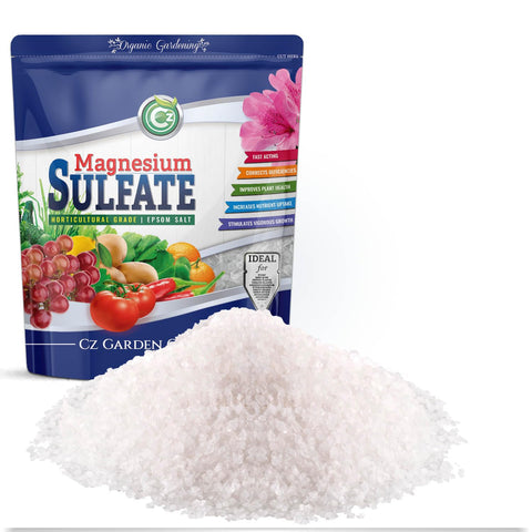 Cz Garden Magnesium Sulfate Epsom Salt 5lb bag supports leafy growth in gardens.