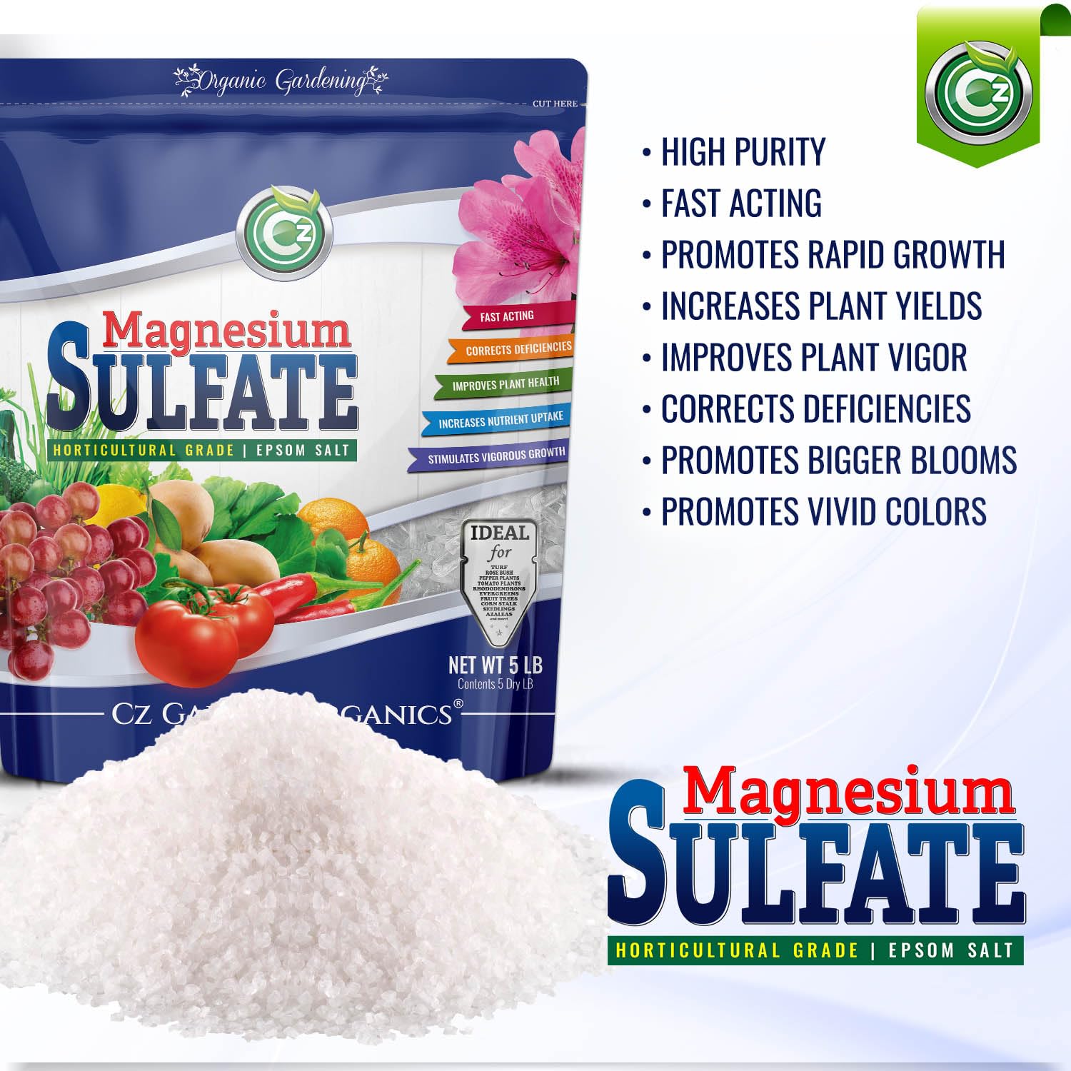 Cz Garden OMRI-listed epsom salt adds confidence for organic-inspired gardens.