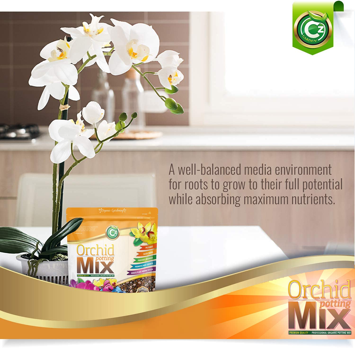 Cz Garden Orchid Potting Mix made in USA closeup emphasizes quality