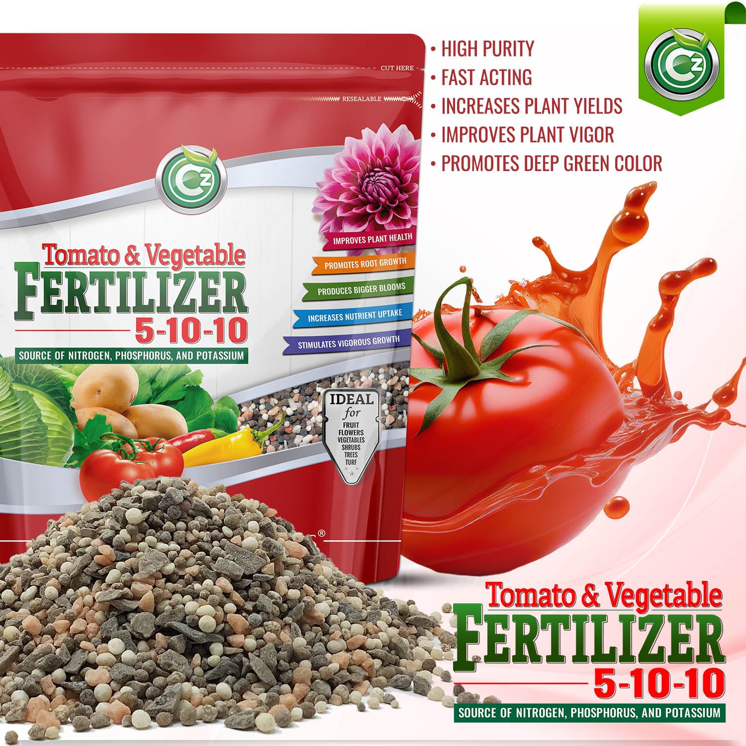 Cz Garden Organics all-purpose fertilizer 8lb packaging boosts indoor and outdoor blooms.