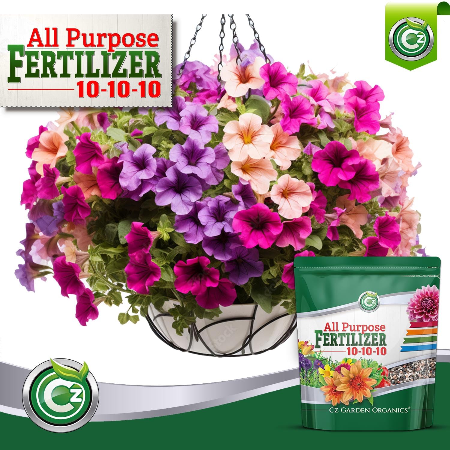 Cz Garden Supply 10-10-10 for indoor and outdoor plants and containers.