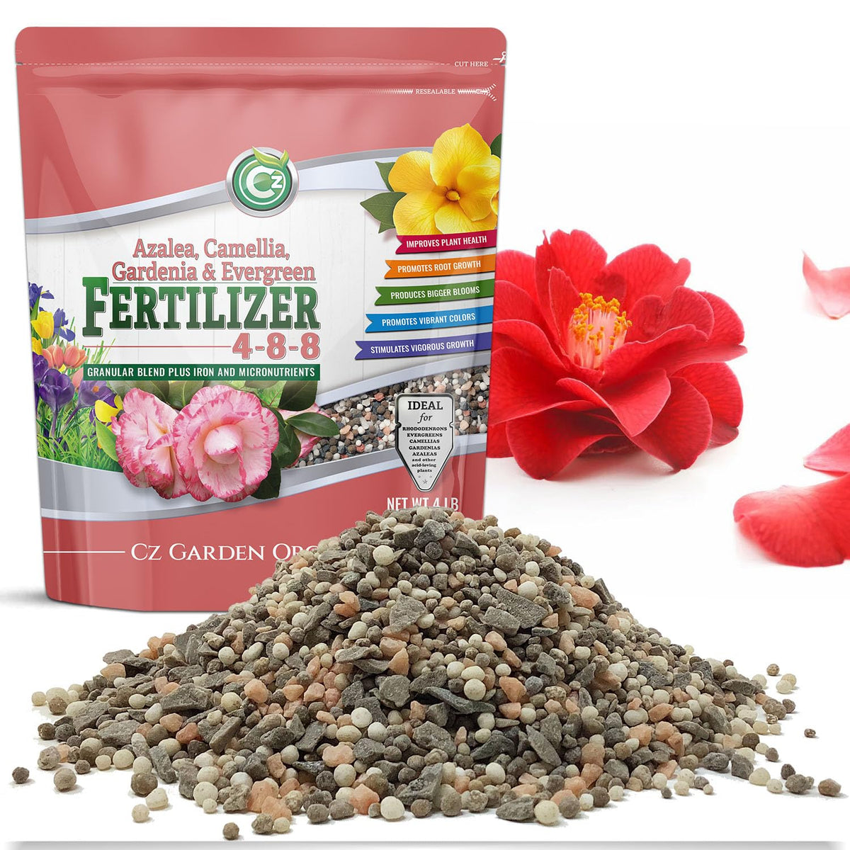 Cz Garden Supply 4-8-8 Azalea fertilizer bag boosts azalea blooms and healthy foliage.