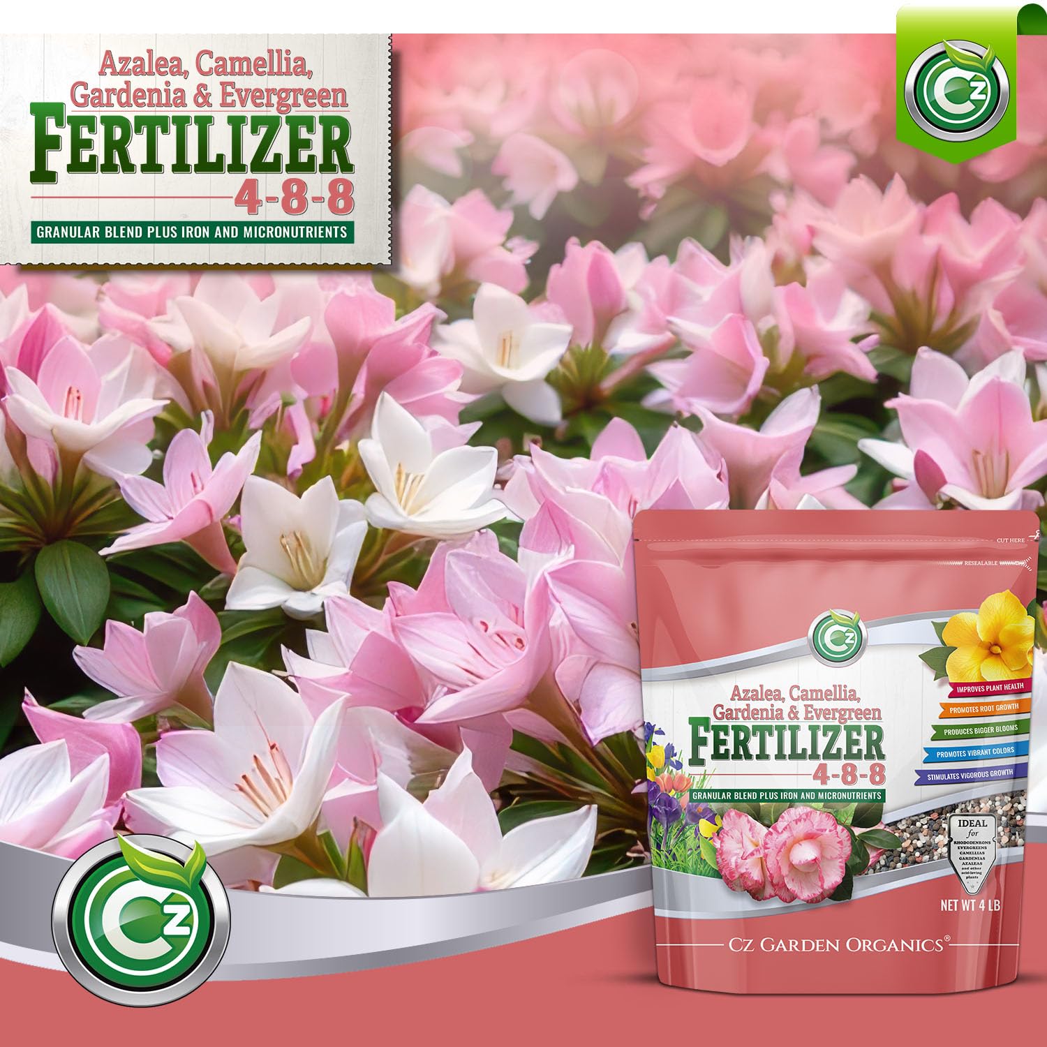 Cz Garden Supply 4-8-8 Evergreen fertilizer supports lush color and growth on evergreens.