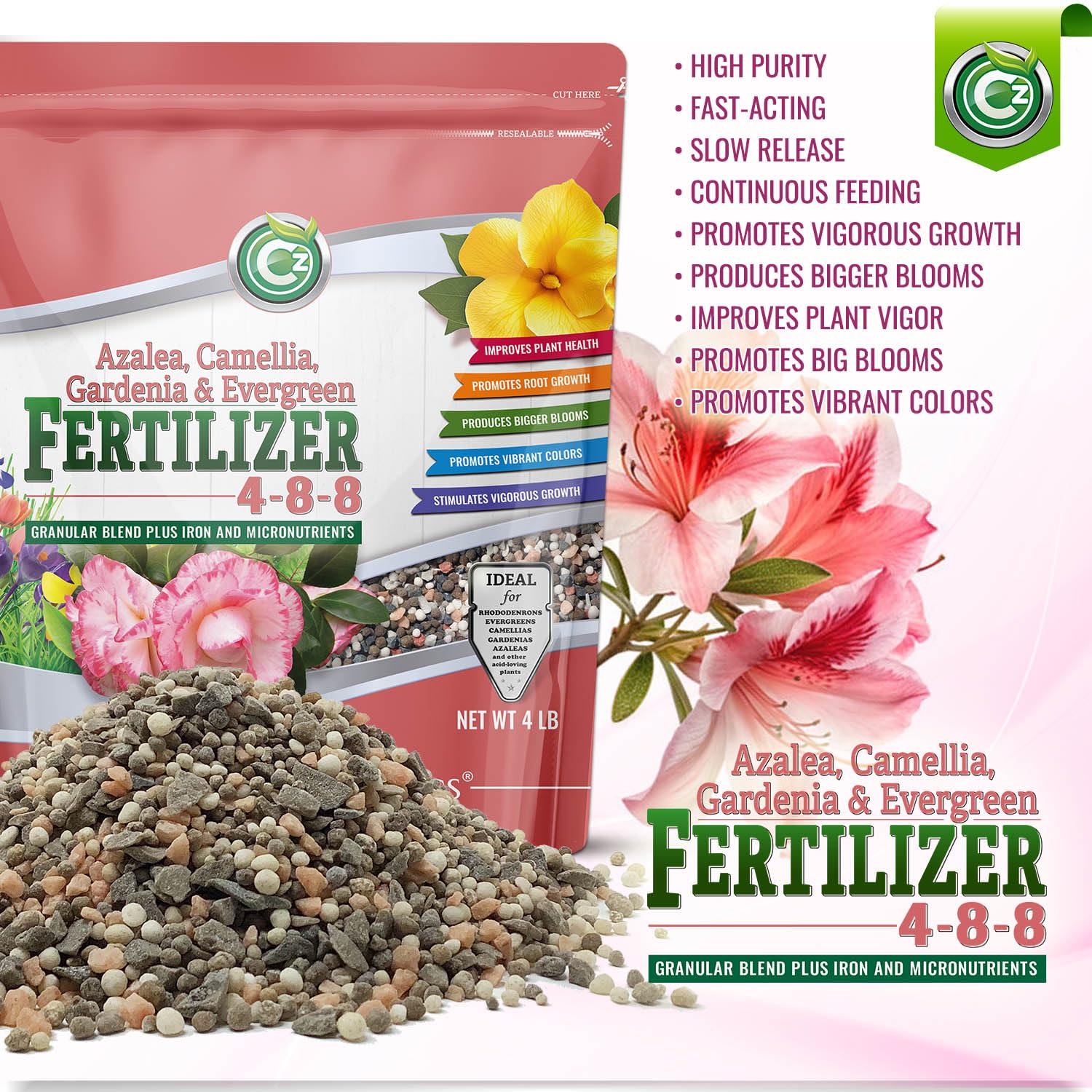Cz Garden Supply 4-8-8 Gardenia formula enhances fragrant blossoms and healthy leaves.