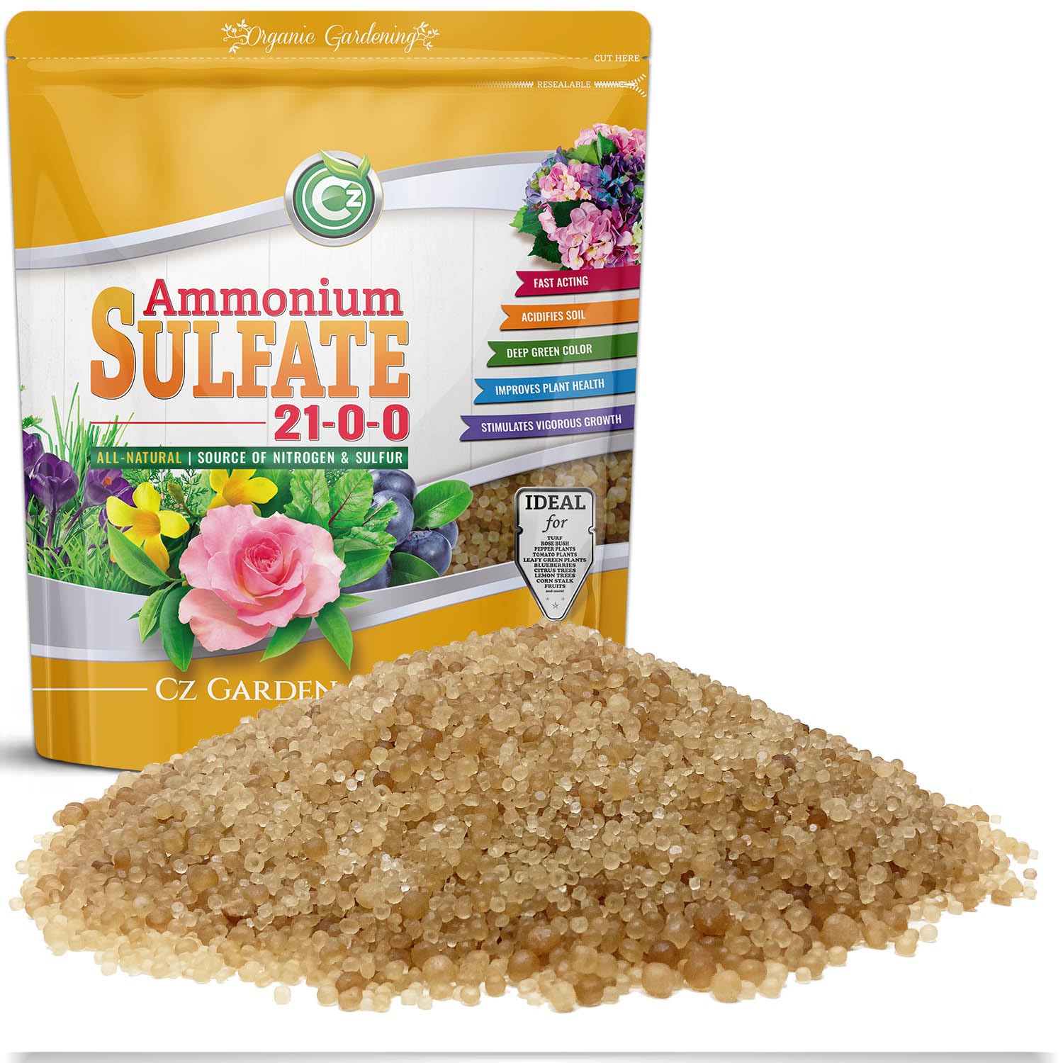 Cz Garden Supply ammonium sulfate fertilizer 21-0-0 promotes lush green growth.