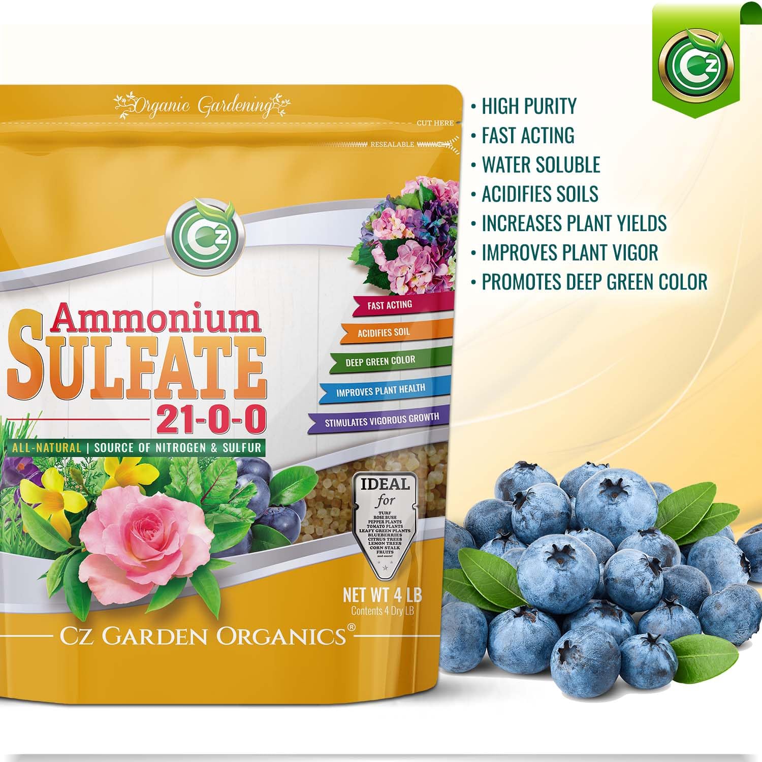 Cz Garden Supply closeup of sulfur powder highlights 24% sulfur.