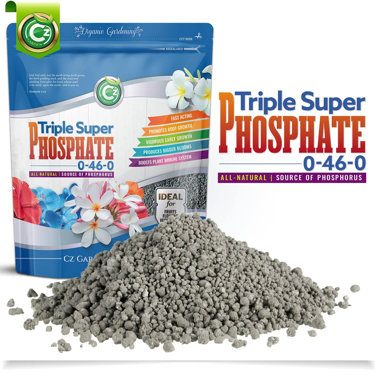 Cz Garden Supply Triple Super Phosphate 0-46-0 front packaging highlights bloom-ready phosphorus for flowering plants