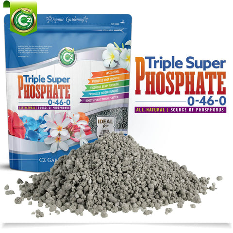 Cz Garden Supply Triple Super Phosphate 0-46-0 front packaging highlights bloom-ready phosphorus for flowering plants