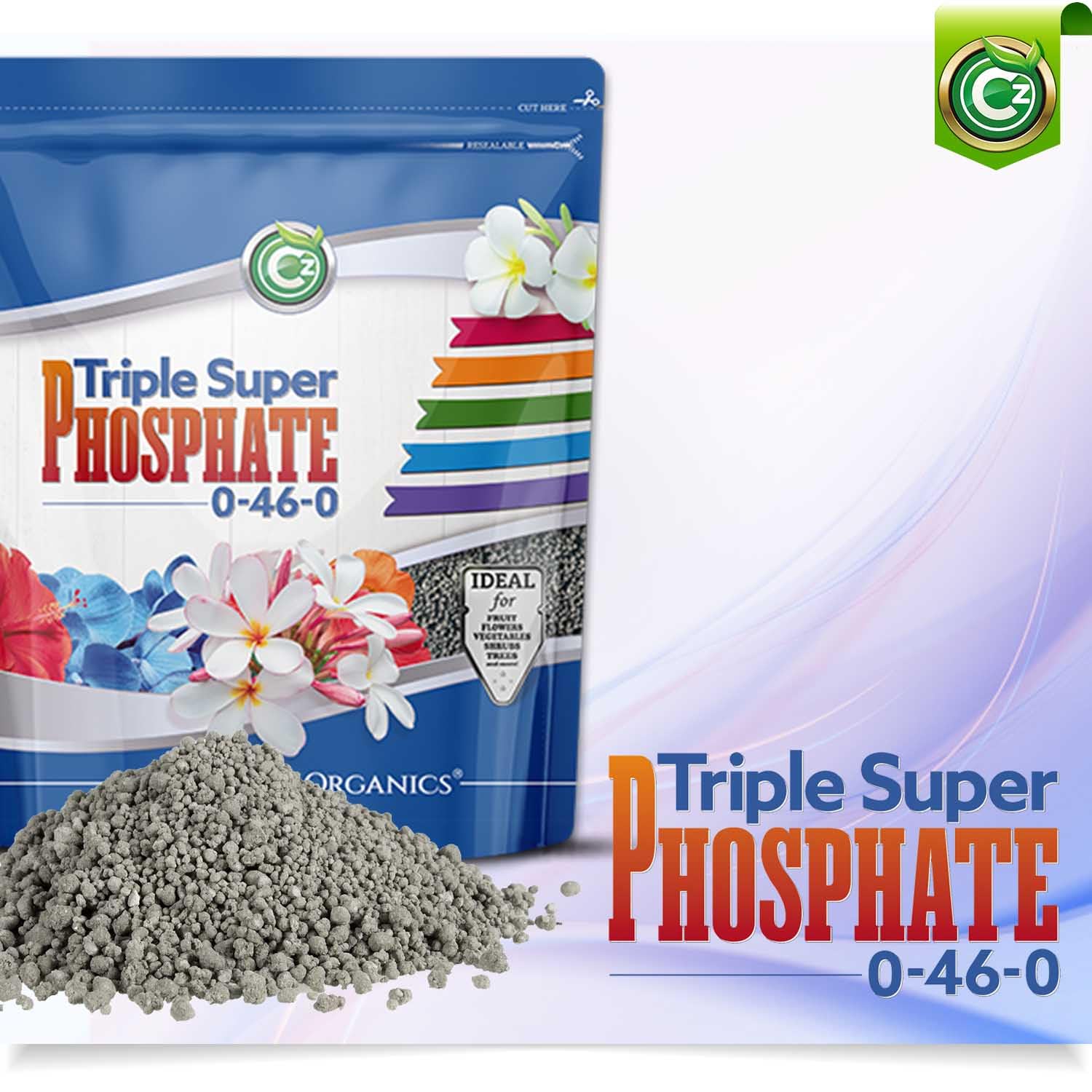 Bloom closeup shows Cz Garden Triple Super Phosphate 0-46-0 supporting blossoms.