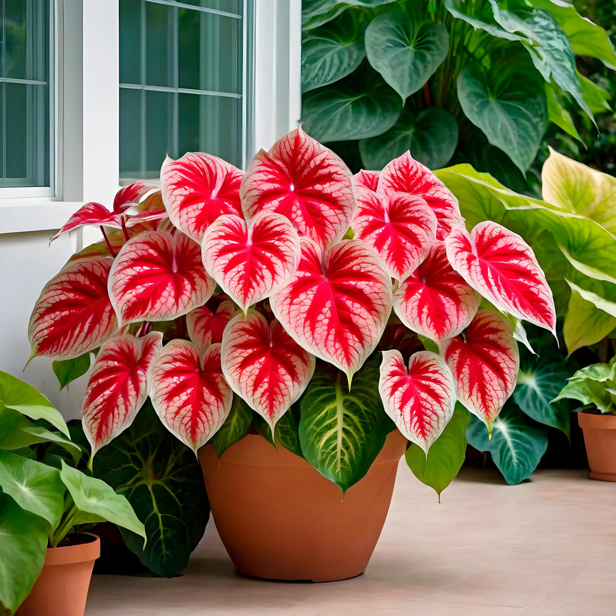 CZ Grain Crimson Sky Caladium leaves closeup shows vibrant color for shade gardens.