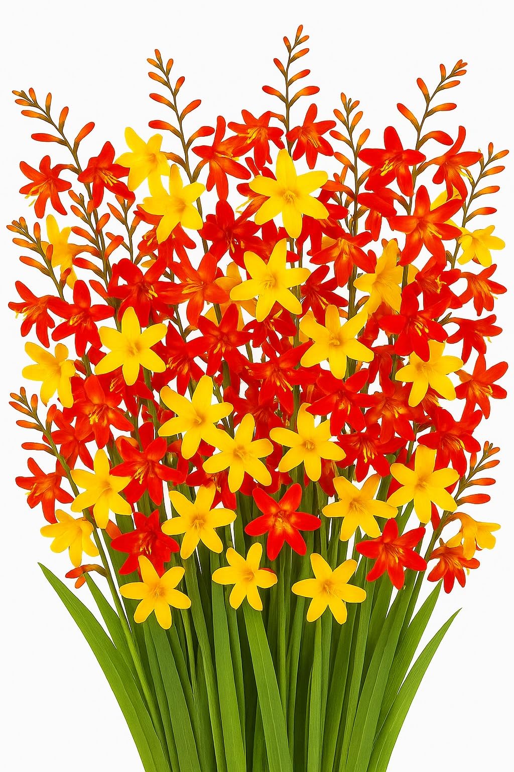 CZ Grain Crocosmia mixed color bulbs in a sunny garden bed attract hummingbirds.