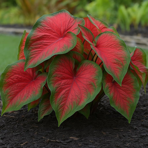 CZ Grain Dragon Heart Caladium Bulbs with vibrant foliage for dramatic garden color.