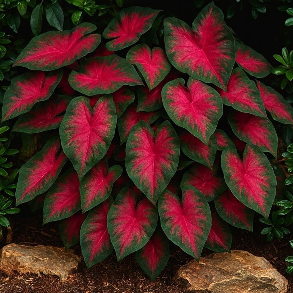 CZ Grain Dragon Heart Caladium Bulbs leafy foliage adds tropical drama to landscapes.