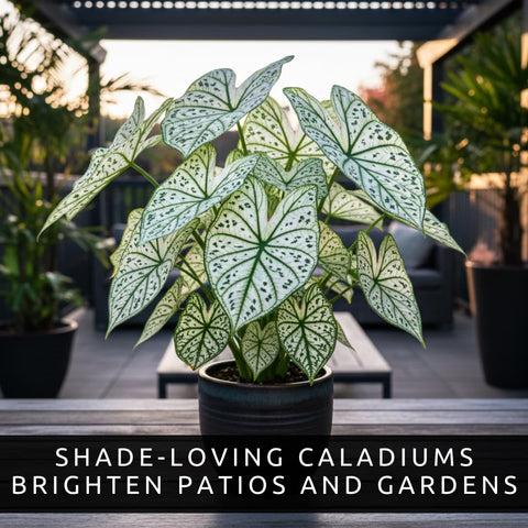 CZ Grain caladiums displayed in a container, bold leaves for container gardening