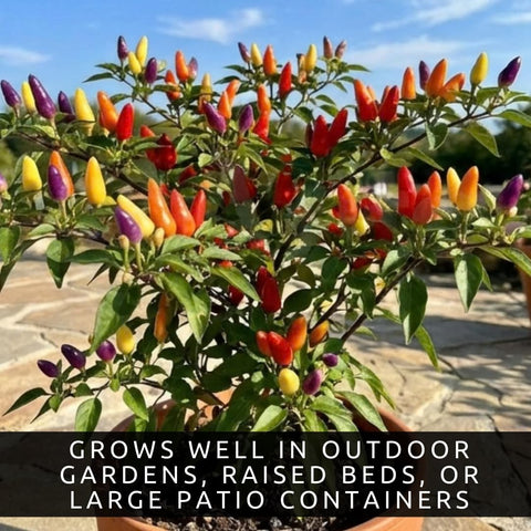 Ripe five-color peppers brightening the harvest basket with CZ Grain seeds.