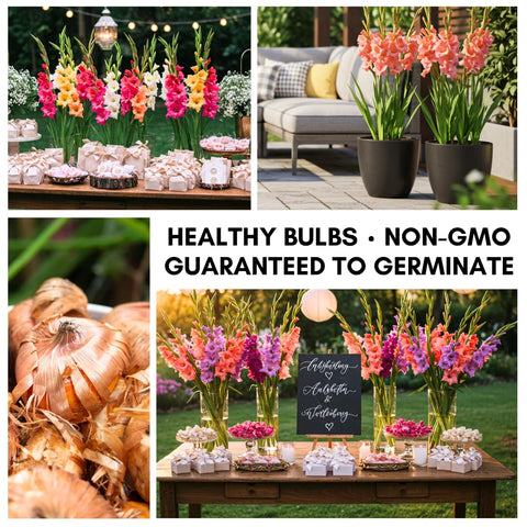 CZ Grain Gladiolus bulbs four-pack closeup shows sturdy corms ready for quick planting.