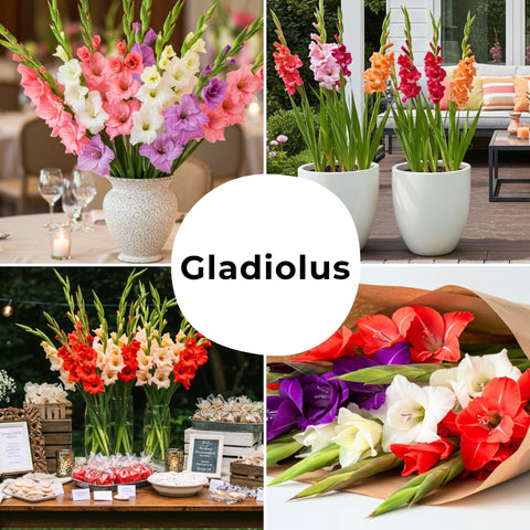 CZ Grain Gladiolus bulbs mixed colors bouquet idea highlights tall stems for cutting.