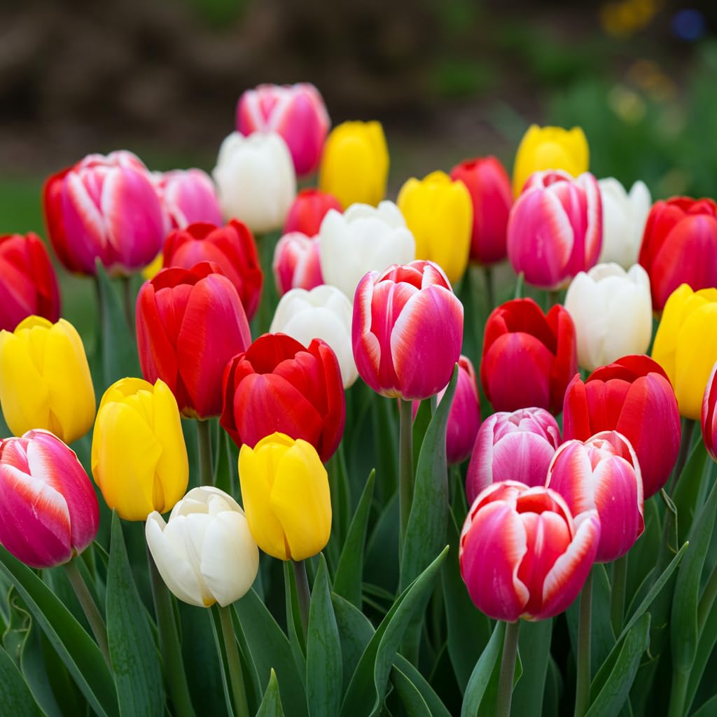 CZ Grain rainbow color tulip bulbs ready for planting in a bright spring bed.