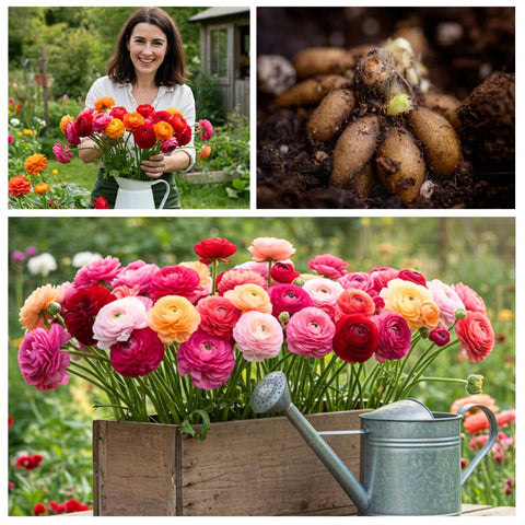 CZ Grain Ranunculus Mix in a garden bed delivering vibrant multi color early season display