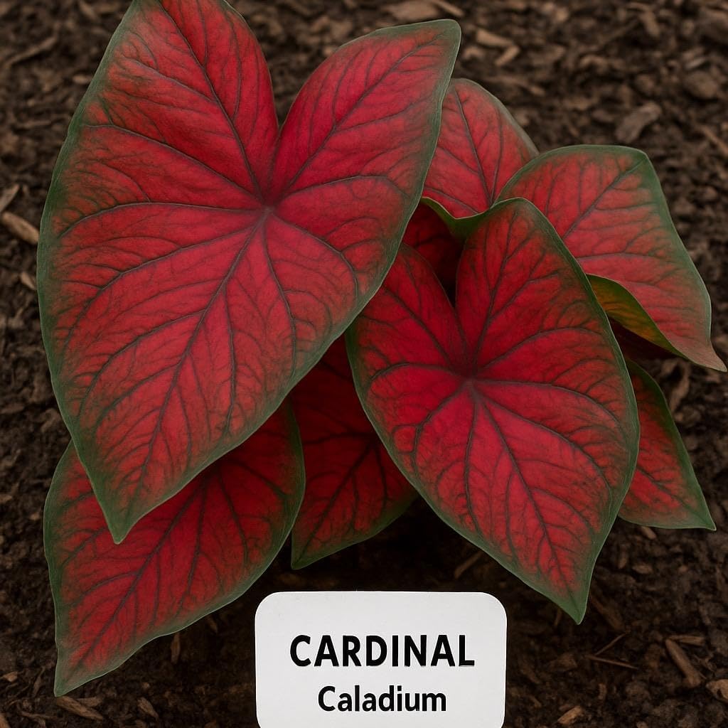 Shade garden focal point with Florida Cardinal Caladium foliage