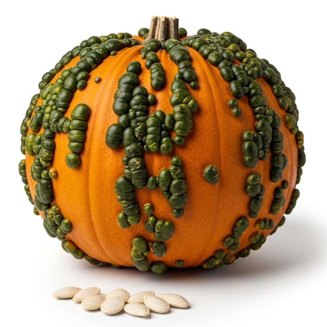 CZ Grain Warty Goblin seeds show vivid orange color and textured skin for Halloween decor