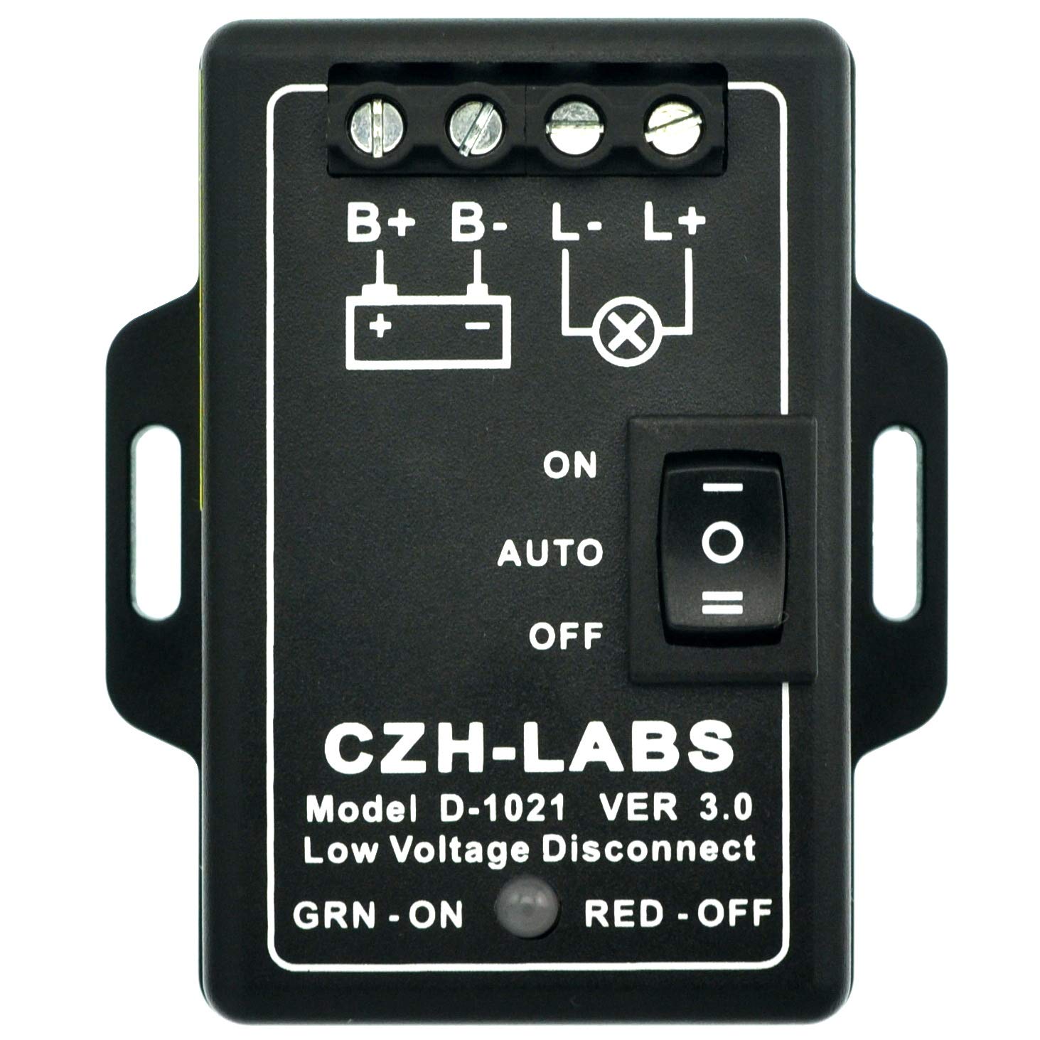 CZH-LABS LVD panel-mount front view for compact battery protection in solar setups.