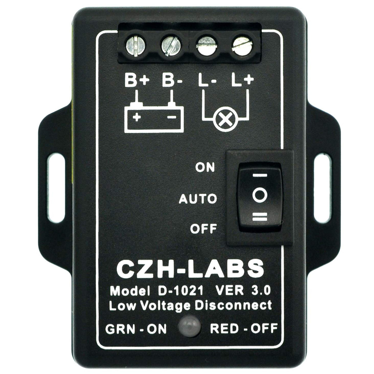 CZH-LABS LVD panel-mount front view for compact battery protection in solar setups.