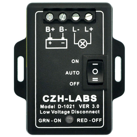 CZH-LABS LVD panel-mount front view for compact battery protection in solar setups.