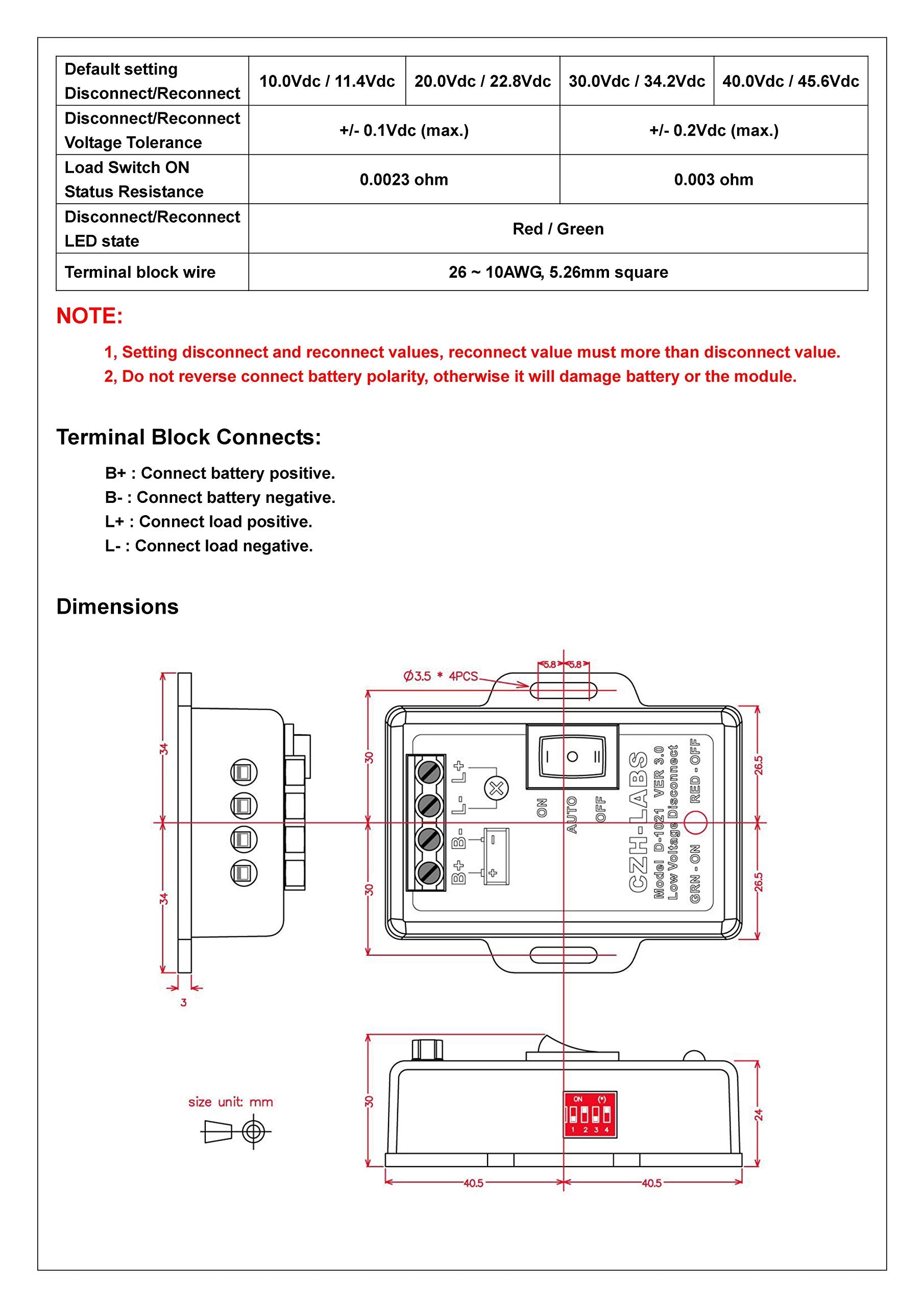 CZH-LABS LVD terminal-block connection ensures secure battery protection.