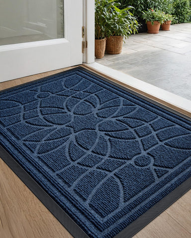 DEXI front door mat for outdoor entrances; blue color welcoming while trapping dirt and moisture
