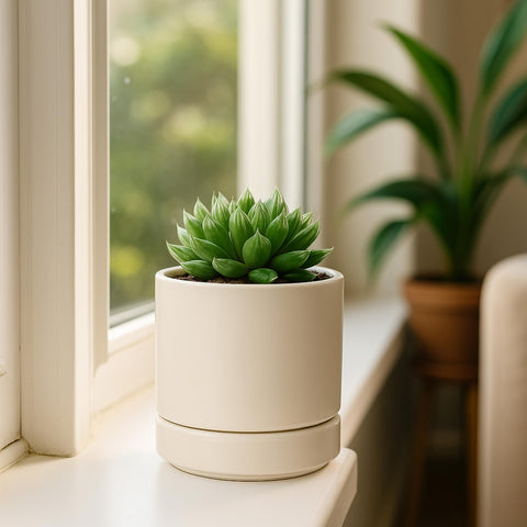 D'vine Dev oatmeal planter side view highlights compact cylindrical design.