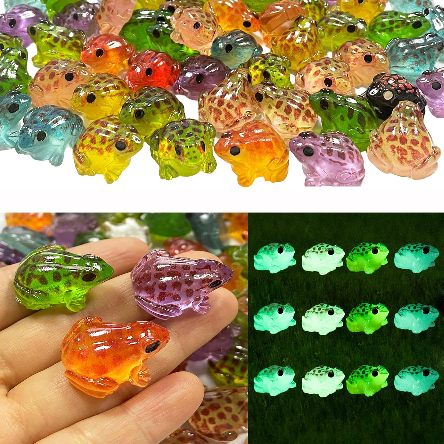 Dabshuyikk colored frogs enhance tiny decor in glass containers.