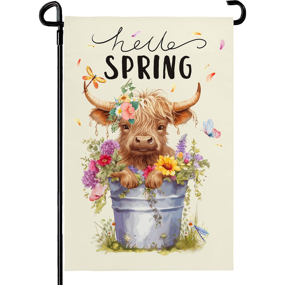 Dacawin Hello Spring Highland Cow flag on porch for seasonal outdoor decoration.