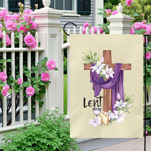 Dacawin Lent flag white lilies detail, ideal for spring churchyard display.