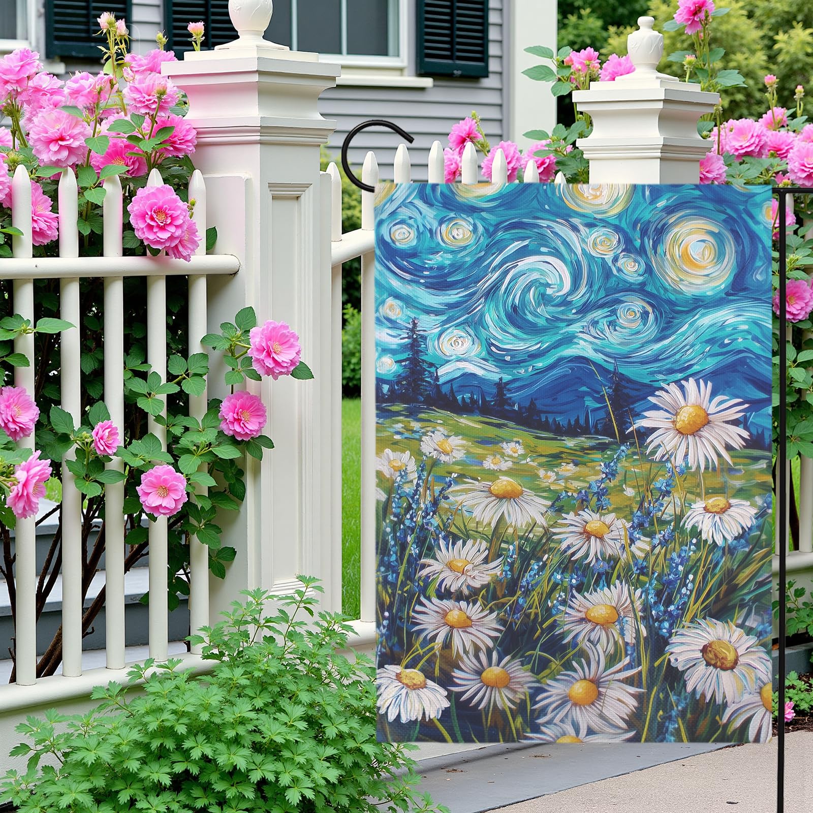 Dacawin Van Gogh-inspired Starry Sky flag adds museum-style charm to garden.