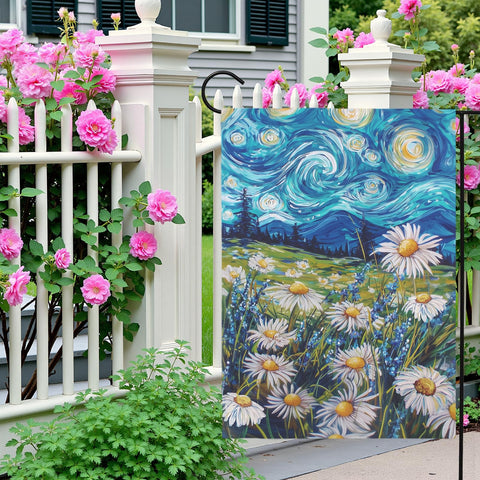 Dacawin Van Gogh-inspired Starry Sky flag adds museum-style charm to garden.