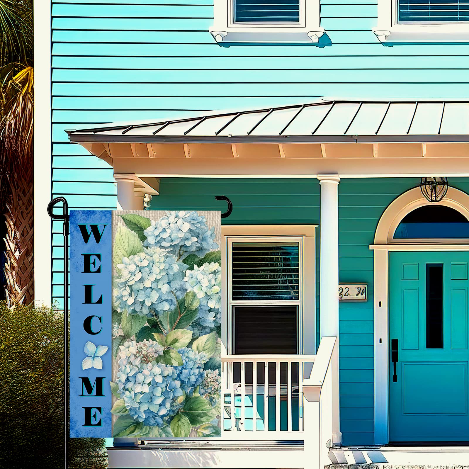Dacawin blue hydrangea flag—waterproof printing for year-round yard decor.