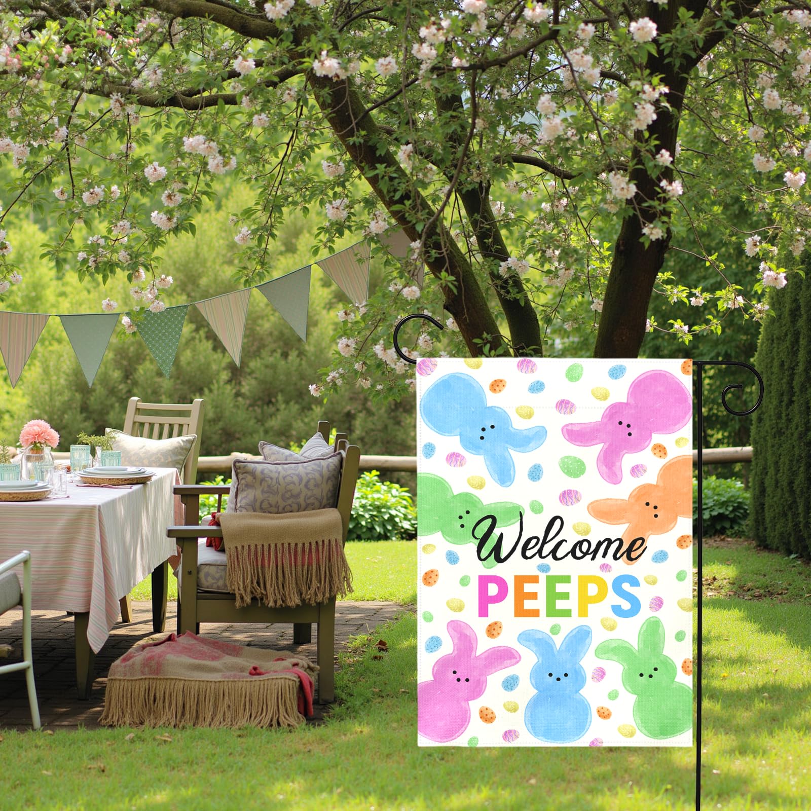Dacawin Welcome Peeps Easter flag bunny eggs design greets guests outside.