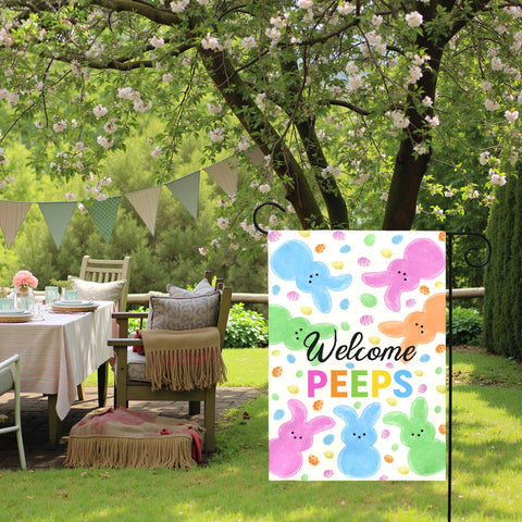 Dacawin Welcome Peeps Easter flag bunny eggs design greets guests outside.