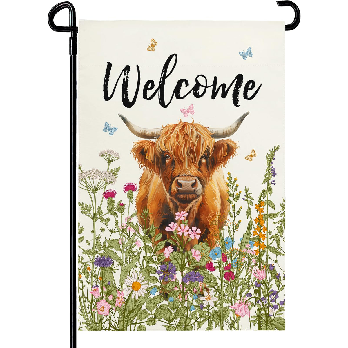 Dacawin welcome-spring-highland-cow-garden-flag with flowers for outdoor decor
