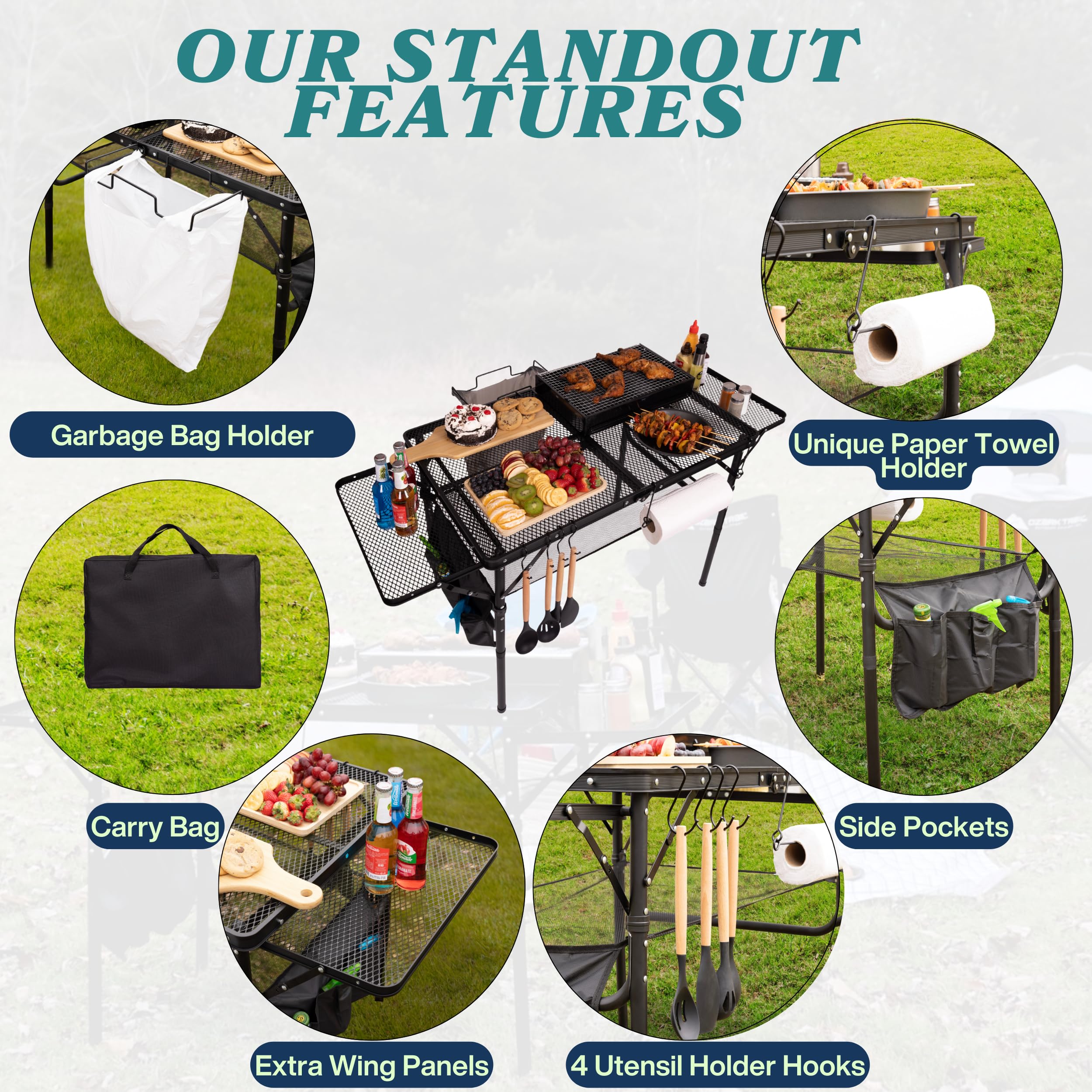 DAFRUM folding table with garbage holder for outdoor waste management.